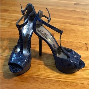 Navy Peep-Toe T-Strap Heels